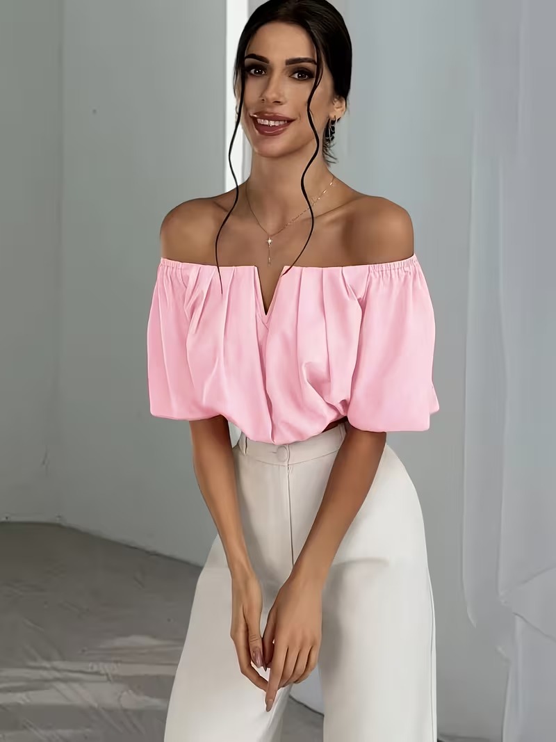 Women's Off-Shoulder V-Neck Draped Blouse