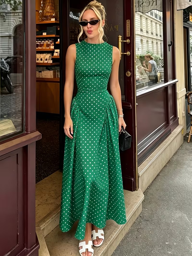 Women's Vintage-Inspired Polka Dot Sleeveless Maxi Dress