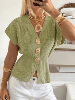 Women's Metal Button Sleeveless Knit Cardigan