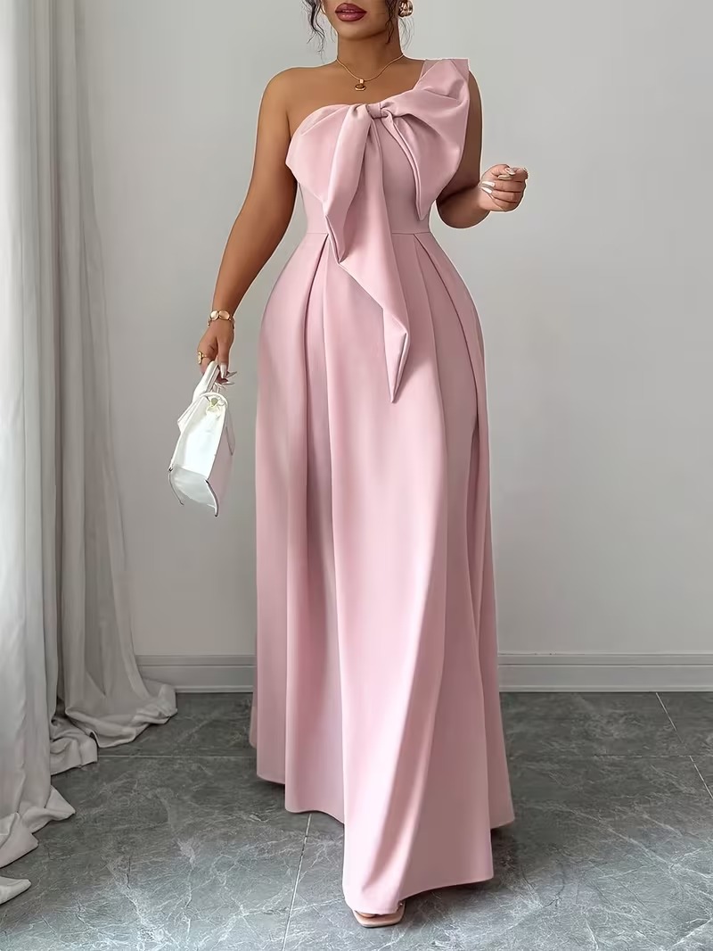 Women's One-Shoulder Bow A-Line Maxi Dress