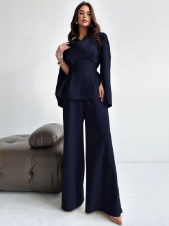 Women's Draped Neck Flare Sleeve Top and Wide-Leg Pants 2-Piece Set