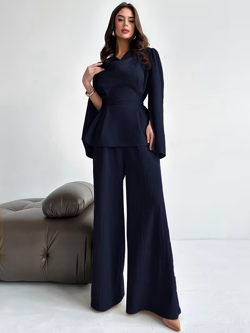 Women's Draped Neck Flare Sleeve Top and Wide-Leg Pants 2-Piece Set